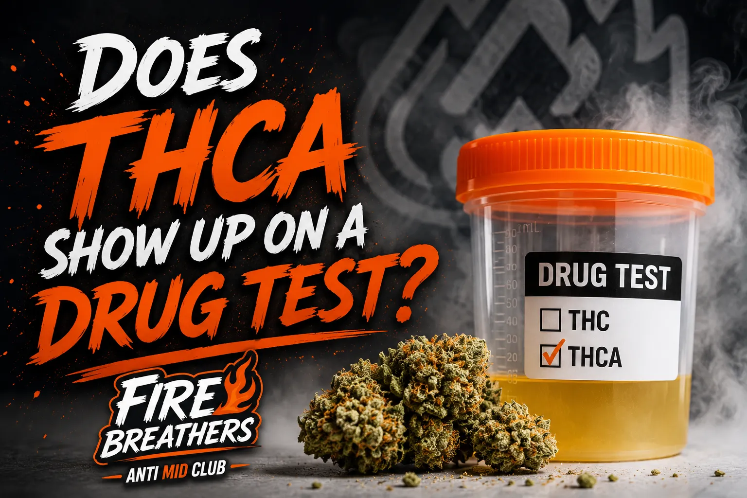 Does THCA show up on a drug test infographic: heated THCA converts to Delta-9 THC, body metabolizes it into THC-COOH, the same metabolite every standard drug test detects — Fire Breathers