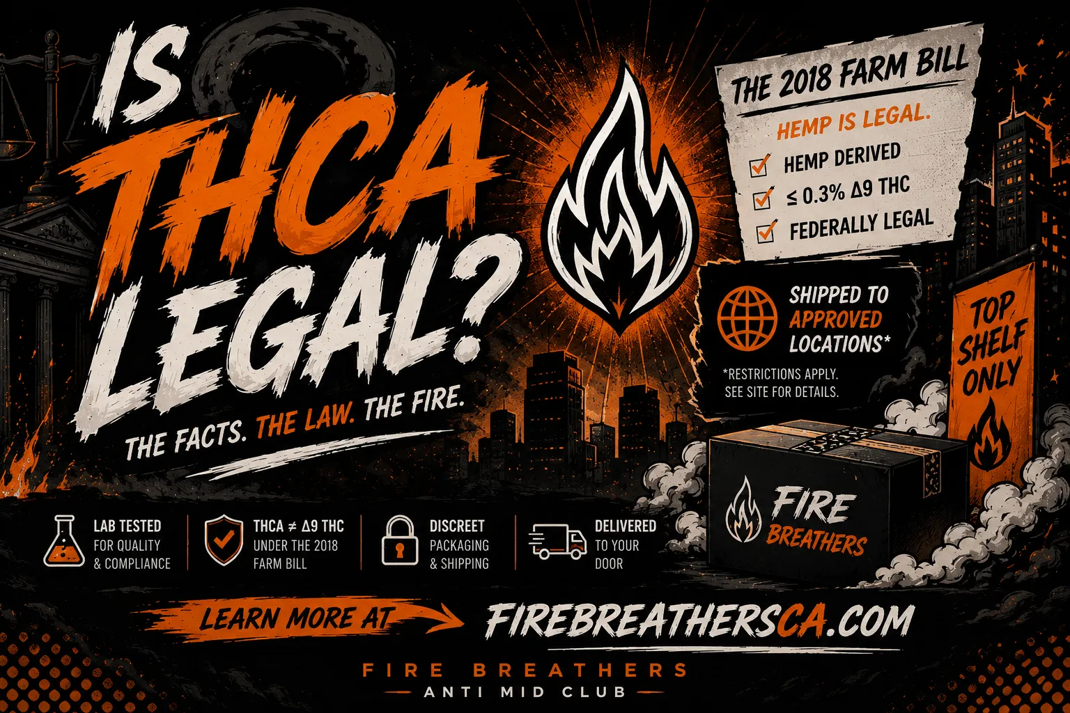 Is THCA legal infographic explaining federal hemp law and the 2018 Farm Bill — Fire Breathers