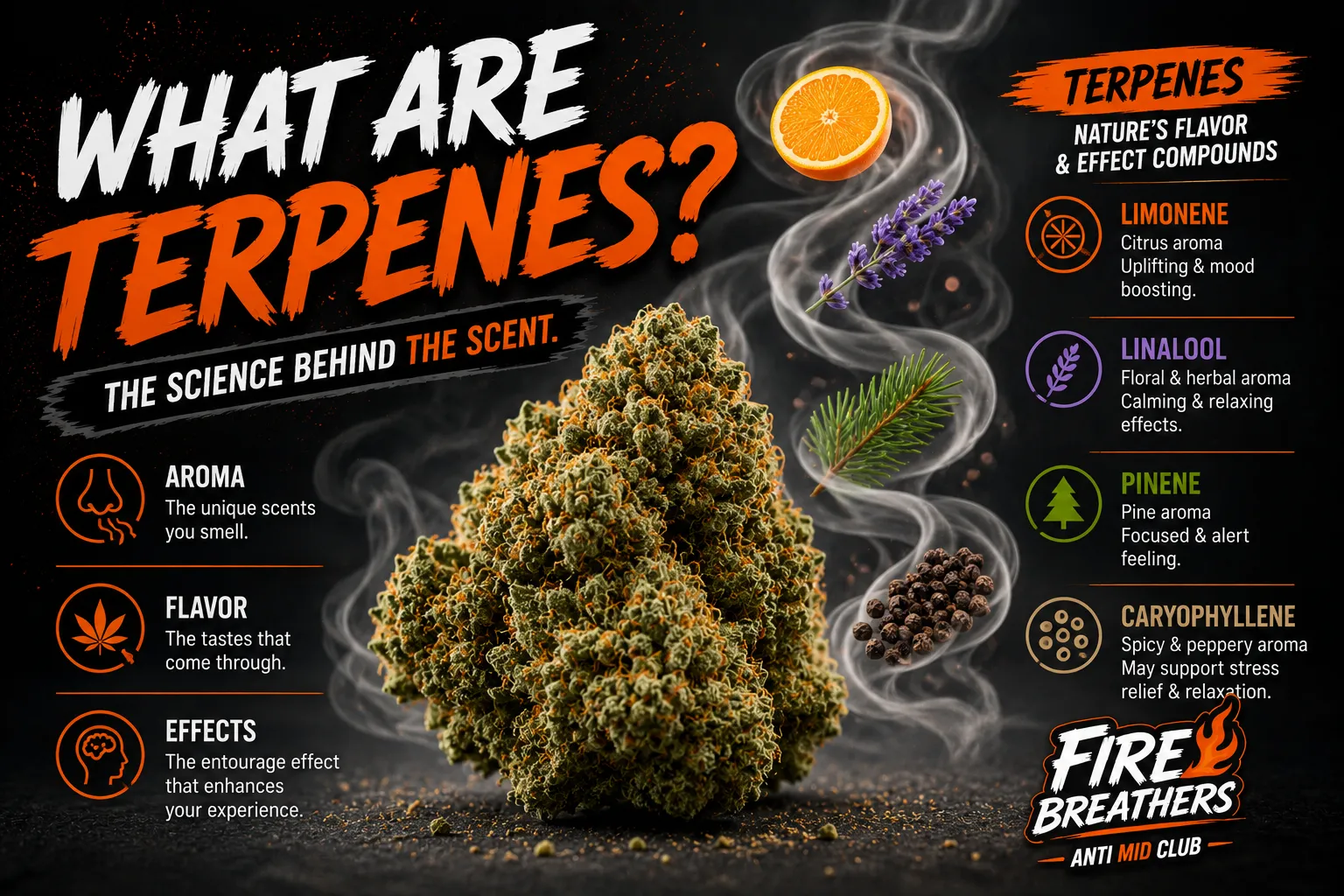 What are terpenes infographic: aromatic compounds produced in cannabis trichomes that shape aroma, flavor, and the character of the high alongside cannabinoids — Fire Breathers