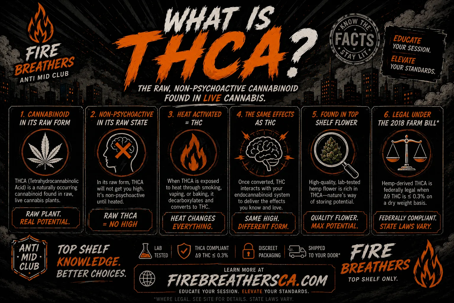 What is THCA infographic: cannabinoid in its raw form, non-psychoactive, heat-activated to THC, found in top-shelf flower, legal under the 2018 Farm Bill — Fire Breathers
